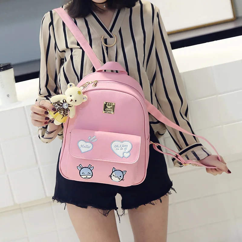 

New Style Pu Embroidered Bear Pendant Student Backpack College Style Versatile Junior High School STUDENT'S Campus Three-piece S
