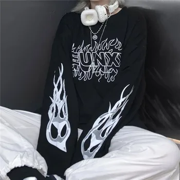 

Harajuku T Shirt Fire Flame Hip Hop Women Tshirt Streetwear Summer Autumn Tops Tees Hip Hop Oversized T-Shirt Long Sleeve New