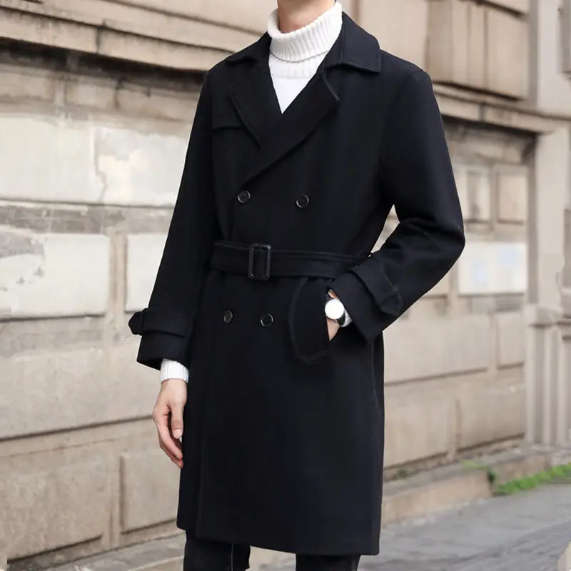Новинка, мужское шерстяное пальто, двубортный Тренч, большие размеры 9XL, черный, темно-синий цвет, с поясом, с отворотом, повседневная