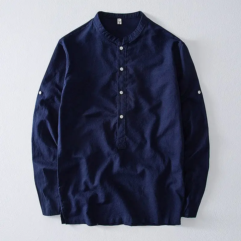 Navy blue Высокое качество Для Мужчин's Длинные рукава со стоячим воротником льняные рубашки свободного покроя сплошной цвет хлопок Для мужчин рубашки в полоску модные Для мужчин s Топы зауженного кроя с M-4XL - Цвет: Navy blue