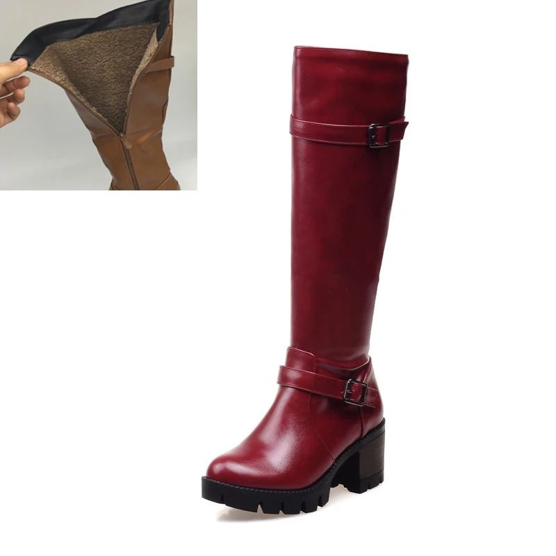 big size 32-43 Buckles Women Shoes Woman Platform Zip Up Square Heel Riding Boots Winter Chaussure - Цвет: wine  add fur