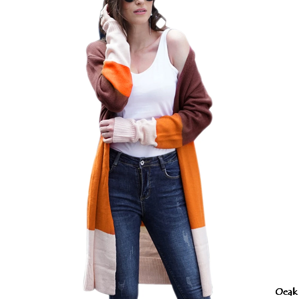 

OEAK Women's Autumn Coat long-sleeved Patchwork Needle multi-color Striped Cardigan women's Long Coat 2019
