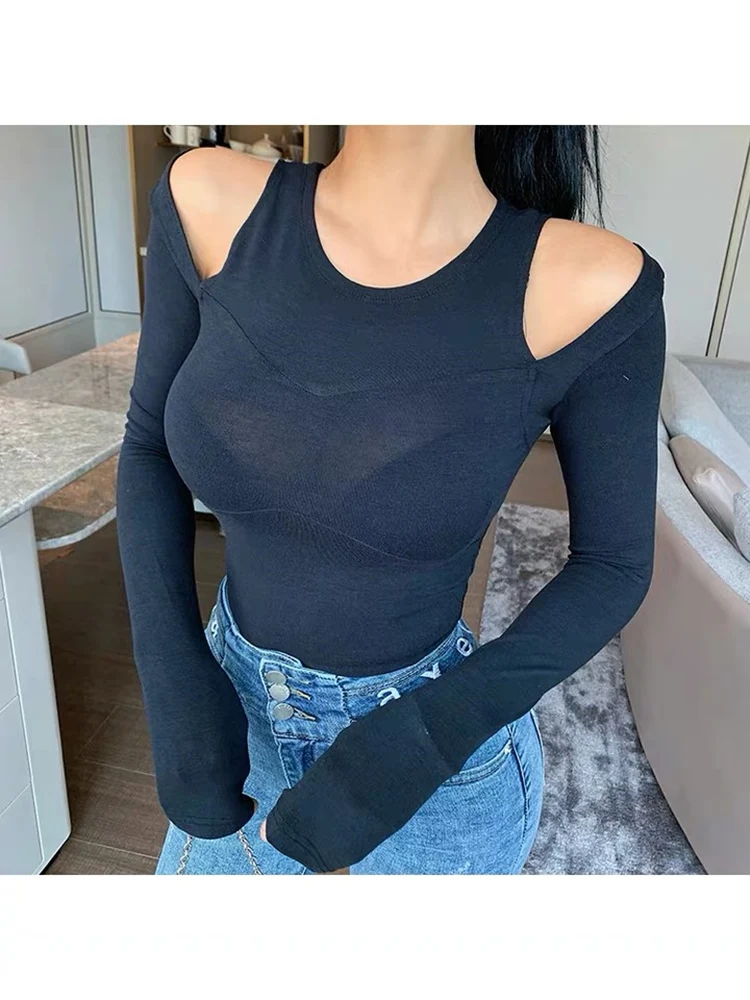 

Thin long sleeve hollow off shoulder top women's sexy slim fit T-shirt black casual fashion street