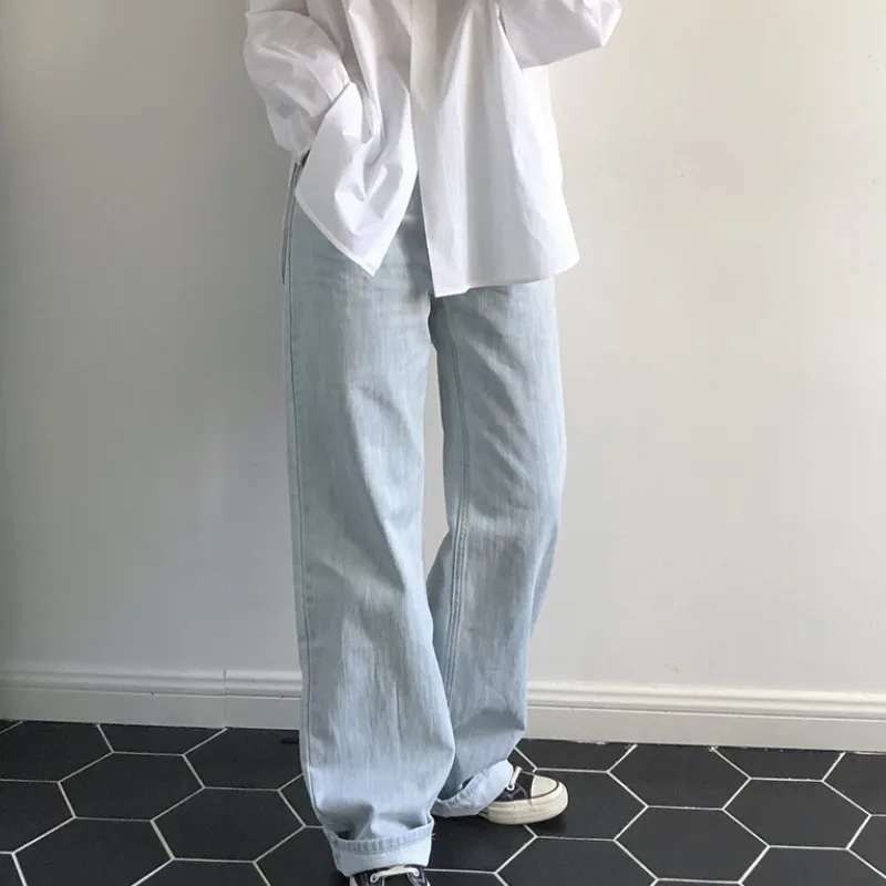 Women Autumn High Waist Wide Leg Jeans Vintage Straight Denim Pants Solid Loose Casual Trousers