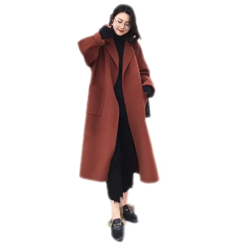 red Новые женские свободные модные теплые толстые длинные зимние шерстяные пальто женские пояса элегантные большие размеры тонкий кашемир Смеси куртки B30 - Цвет: red