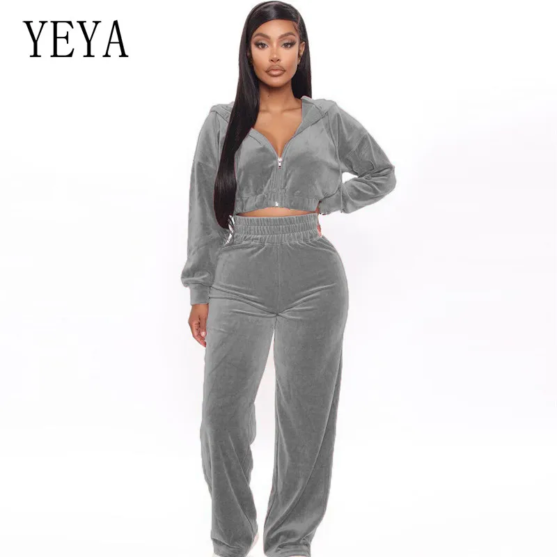 

YEYA Velvet Two Piece Set Women Hoodies Sweatshirt Pants Warm Casual Tracksuit Zipper Coat Crop Top & High Waist Pant Suits