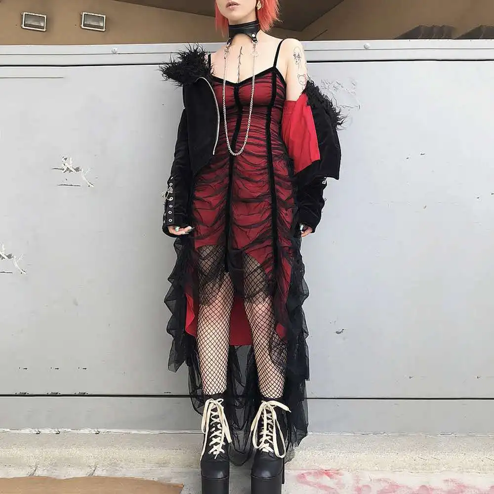 Mall Goth Mesh Lace Pleated Dress Women 