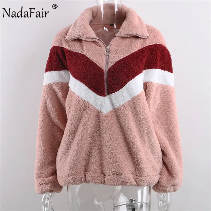 Nadafair, повседневная флисовая женская толстовка,, из кусков, на молнии, искусственный мех, больше размера d, зимняя пушистая толстовка, женская, размера плюс, пуловеры