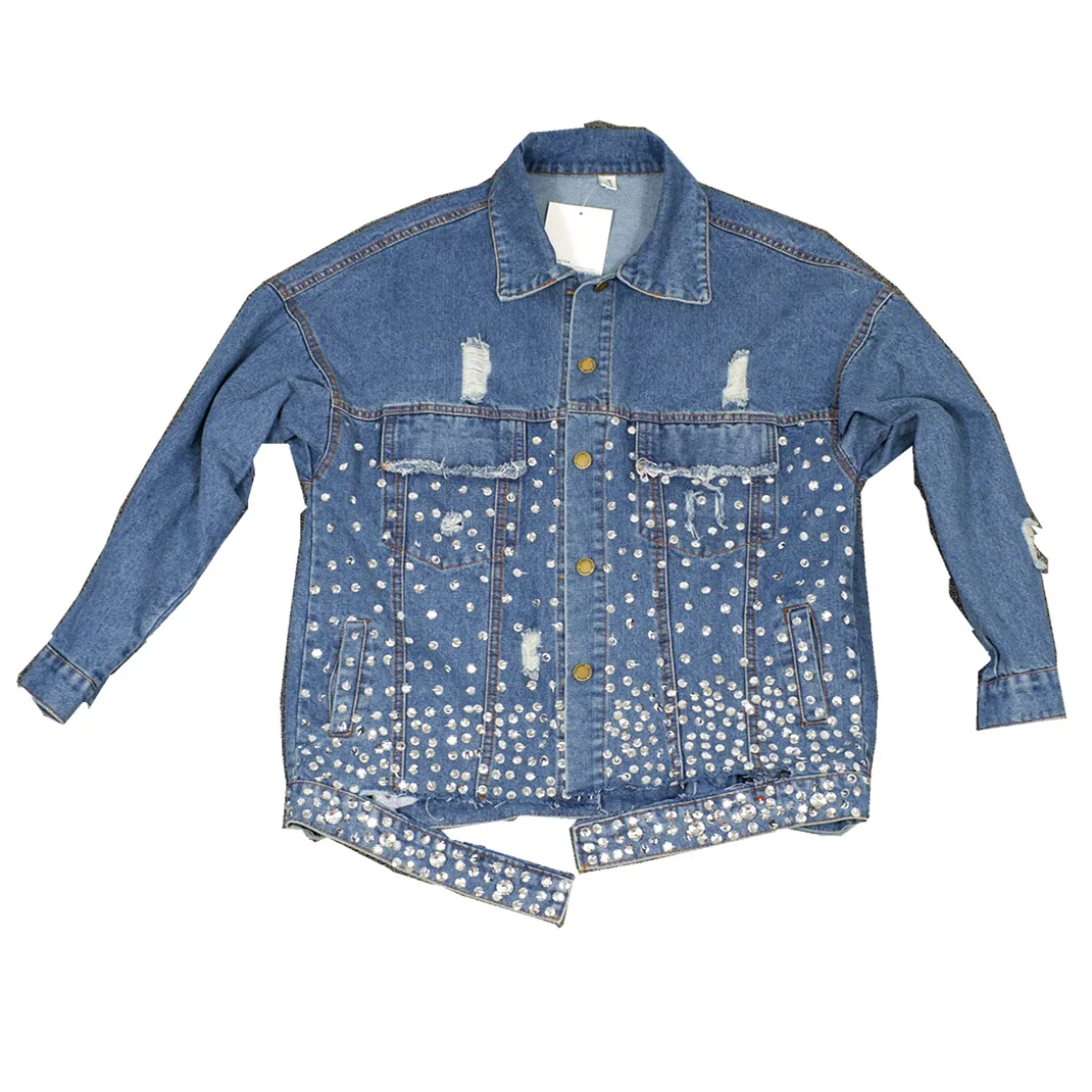 New  Women Sequins Denim Jacket Ripped Basic Jacket Hip Pop Design Long Sleeves Coats Rhinestone Streetw