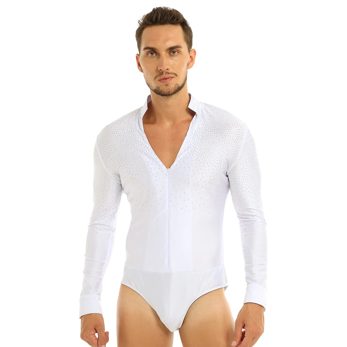thumbnail image 1 of Body para hombre, camisas con diamantes de imitación brillantes, cuello levantado, trajes de salón, Ropa de baile latino, Tango, Rumba, camisa de baile, leotardo, Tops, 1 of 5
