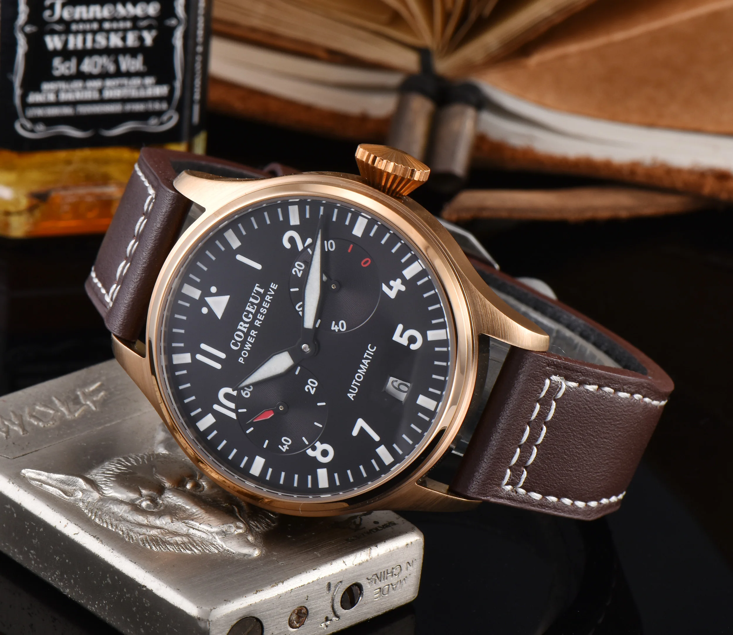 Роскошный бренд Corgeut42MM Автоматические Мужские механические наручные часы Ночная Дата черный Циферблат Кофе чехол 316L SS настоящий ремень мужские часы