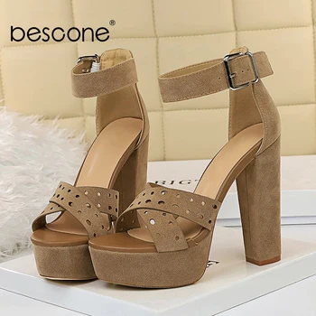 

BESCONE Women’s Sandals Mature Summer Handmade Ladies Sandals Super High Heel Peep Toe Platform Party Dress Shoes Women BM539