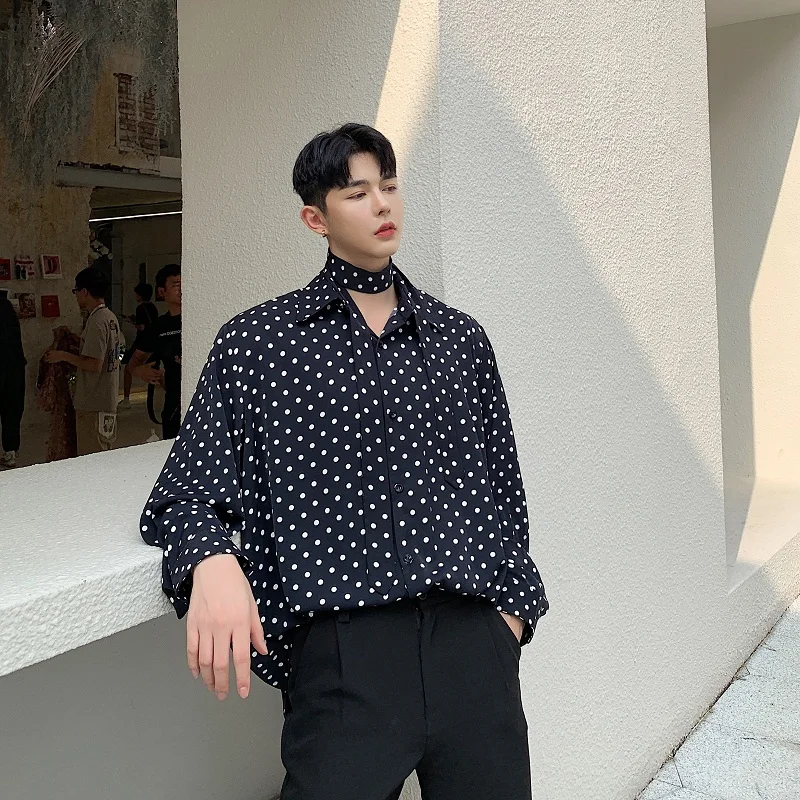 Men Autumn Long Sleeve Tie Ribbon Polka Dot Print Loose Casual Shirt Male Women Streetwear Hip Hop Vintage Dress Shirts