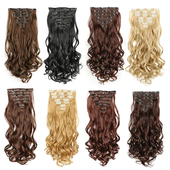 

XJBB 22inch 16 Clips Long Wavy Synthetic Clips In Hair Extensions For Women Heat Resistant Curly Hairpiece Clip