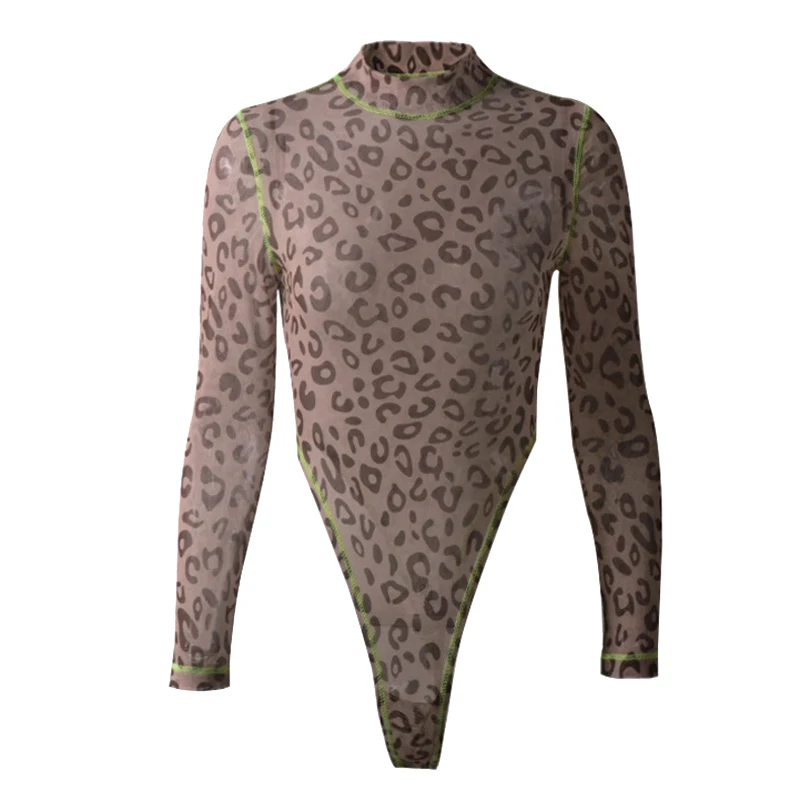 Leopard Viifaa Леопардовый принт прозрачный сетчатый облегающий боди для женщин макет шеи с длинным рукавом Бодибилдинг Клубная одежда чарующие боди - Цвет: Leopard