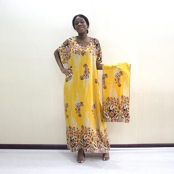 

2019 Newest Arrivals Fashion African Dashiki Gold Pure Cotton Flower Print Plus Size Casual Women Dress With Scarf