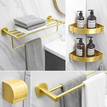 

Aluminum Bathroom Accessories Set Towel Rack Paper Holder Corner Shelf Toilet Brush holder Hook Bath Hardware Set Brush Gold