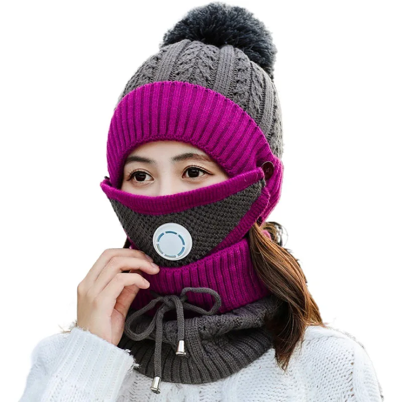 Hat female winter Heating mask neck cap Thickened ear protector knitted cap Korean version riding cap for women/men - Цвет: Фиолетовый