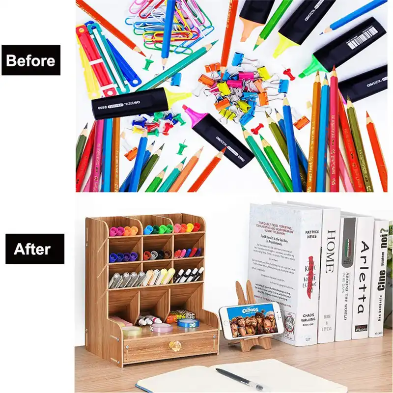 Pencil /& Pen Holder Home Office Desk Supplies Organizer Desktop Wooden Storage