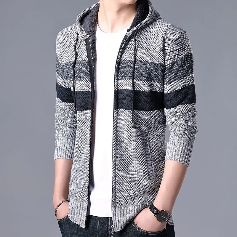 Autumn and winter men's sweater cardigan zipper hood thickening plus velvet male Korean men's sweater coat 3XL