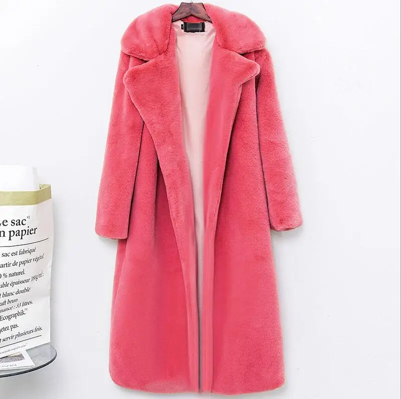 Зимнее женское высококачественное пальто из искусственного кроличьего меха, роскошное длинное меховое пальто, Свободное пальто с отворотом, толстое теплое женское плюшевое пальто больших размеров - Цвет: Watermelon red