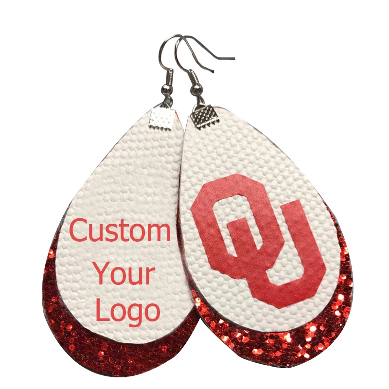 New!! Glitter Teardrop University Football Faux Leather Earrings Double Layer Printed Collegiate | Украшения и аксессуары