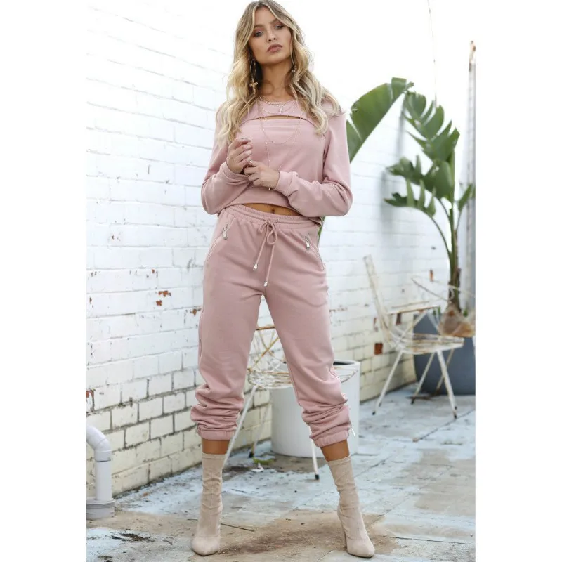 

Women Sports Clothes Set Pink Long Sleeves Crop Tops Trousers Hollow Out Design Drawstring Elastic Waist Spring Autumn Clothing