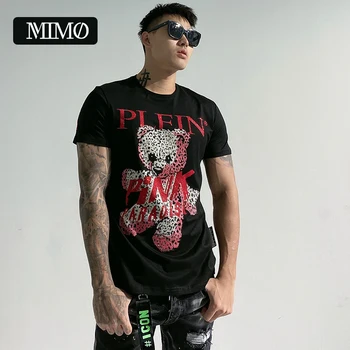 

new arrival crystal teddy bear authentic embroidery long staple cotton top quality men's short sleeve round neck t-shirt