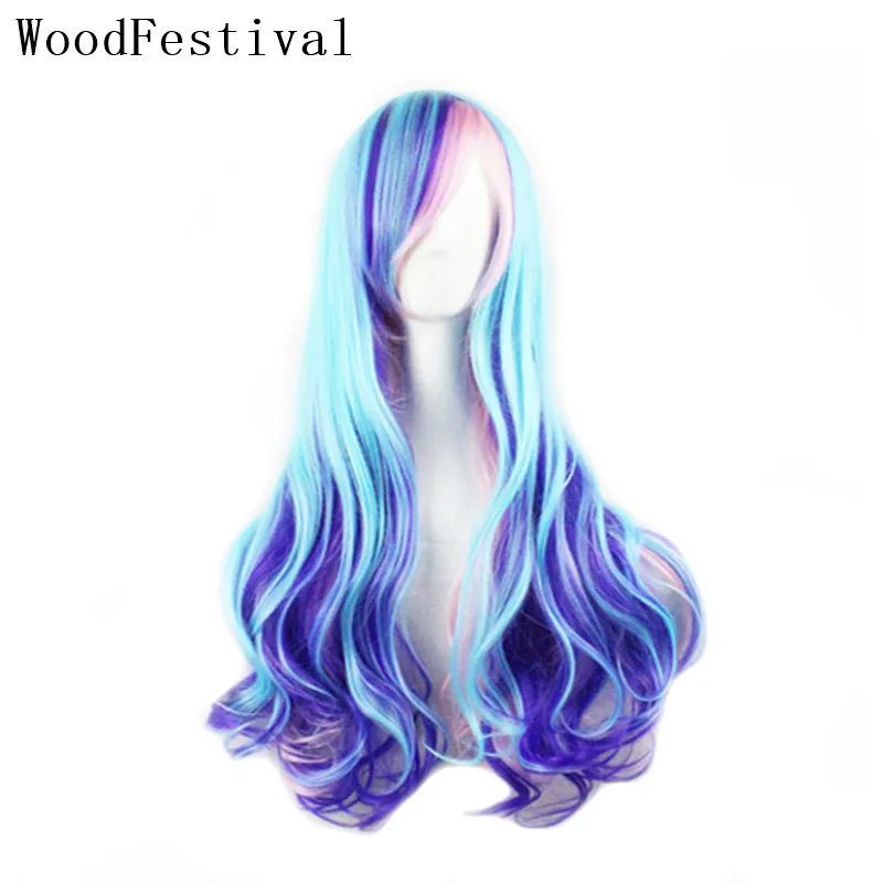 WoodFestival Synthetic Hair Wig With Bangs Colored Cosplay Wigs For Women Long Wavy Rainbow Pink Blue Red Green Brown White Grey rainbow grey pink amber подсвечник m