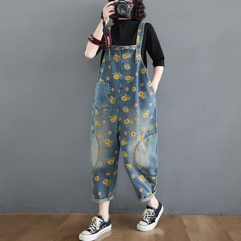 

#1424 Vintage Denim Overalls Women Sunflower Printed Wide Leg Jumpsuit Ladies Retro Sleeveless Rompers Womens Jumpsuits Loose