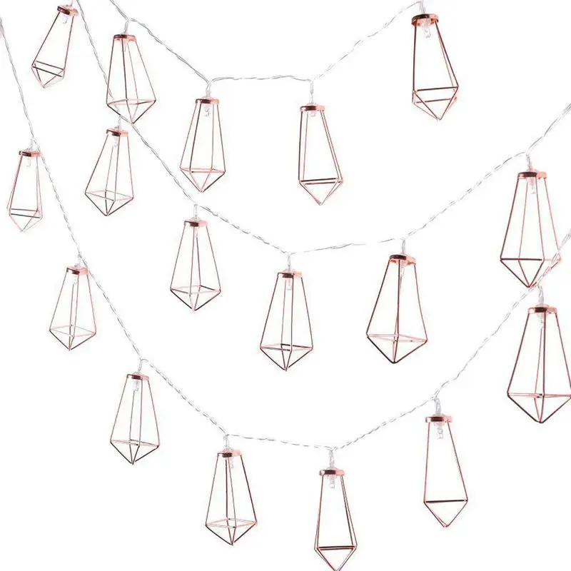 

20 LED Rose Gold Geometric Fairy Lights - USB Powered, Boho Metal Cage Bedroom String Lights for Wedding Decorations Party Indoo