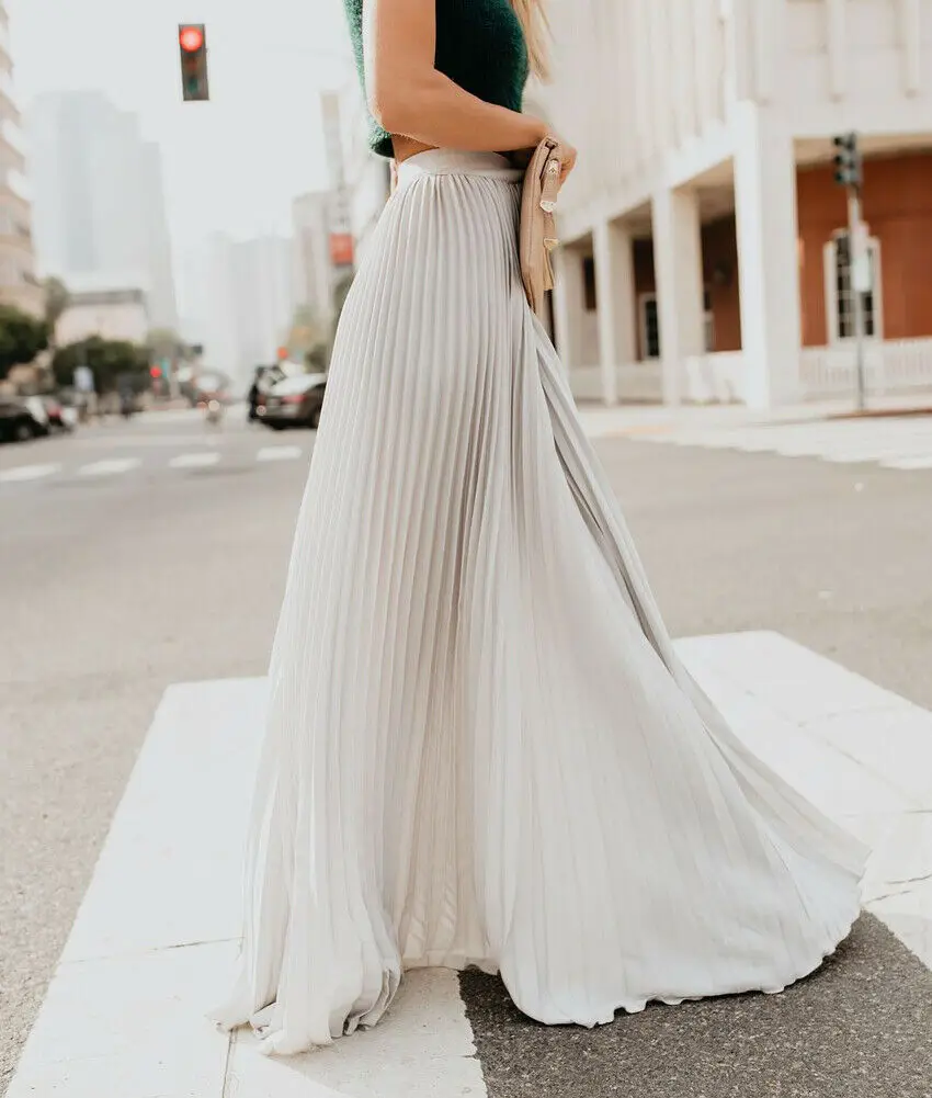 

Newest Fashion Women High Waist Chiffon Skater Flared Pleated Swing Long Skirt Ladies Elastic Waist Boho Pleated Long Skirt