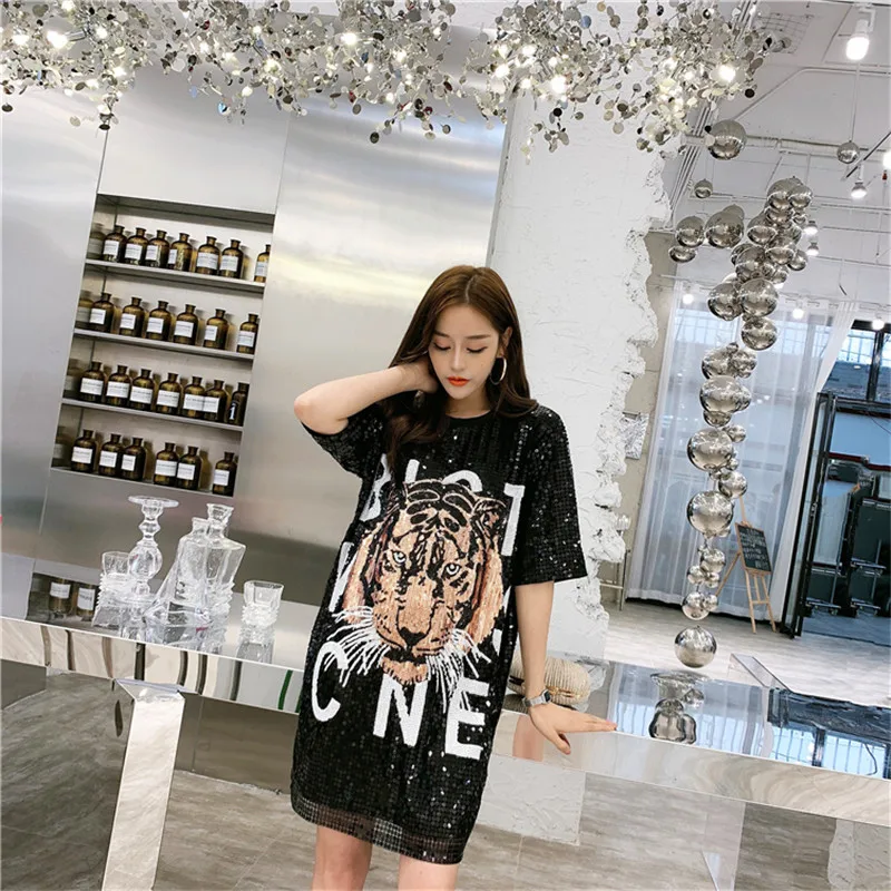 Limiguyue Тигр футболка с пайетками для женщин хип хоп Bling уличная Клубная летняя футболка плюс размер 2XL длинные рубашки с буквенным принтом Европейский Y241