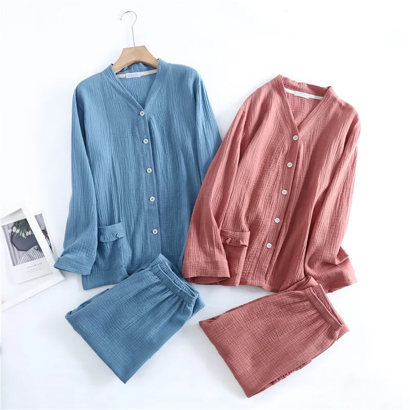 

Spring Pajamas for Women V-Neck Cotton Sleepwear Long Sleeve Loungewear Two Piece Set Solid Night Gown Crepe Gauze Home Suit