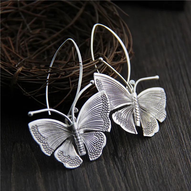 

Fine Sterling S925 Silver Earrings Women Girl Luck Butterfly Dangle Earrings 43x30mm