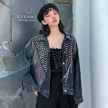 

Chaquetas Mujer 2020 Spring Vintage Denim Jacket Women Hand-studded Rivet Tassel Chain Jeans Jacket Loose Black Coats LT684S30