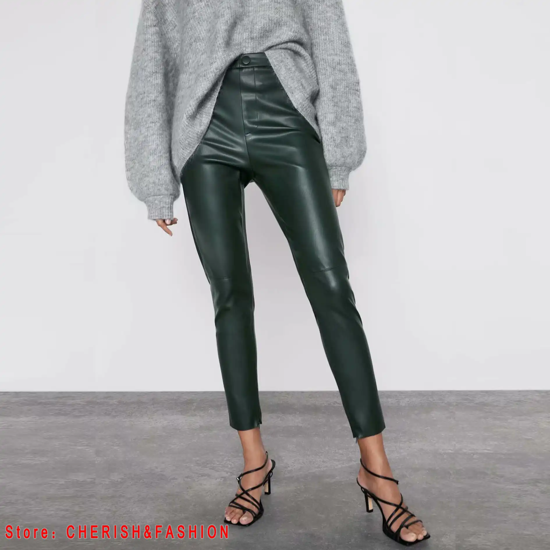 green pleather pants