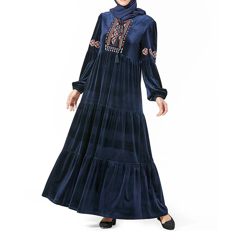 dark blue dress Размера плюс, бархат, Абая, Дубайский хиджаб, мусульманское платье для женщин, мусульманская одежда, турецкое платье, Musulmane abaya s Grote Maten Dames Kleding - Цвет: dark blue dress
