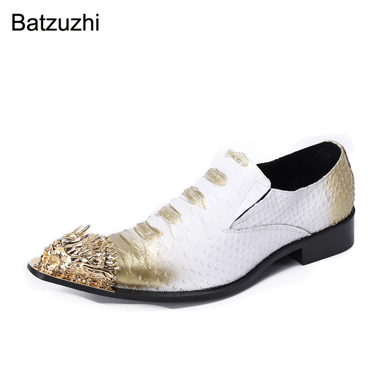Batzuzhi Men Shoes Italian Style Golden Steel Toe Leather Dress Shoes Men Slip on White Business, Party and Wedding Shoes Male