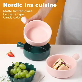

Ceramic Salad Bowl with Handle Ice Cream Fruit Bowl Dish Kitchen Eco-friendly Microwave Tableware Soup Rice Noodle Ramen Bowls