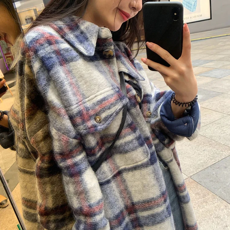 Women Elegant Woolen Coat Plaid Print Wool Turn Down Collar OG0696