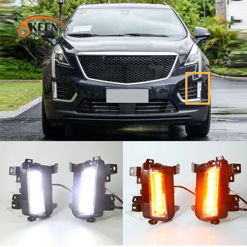 2pcs Led Daytime Running lights for Cadillac XT5 2016 2017 2018 2019 2020 Fog Lamp DRL with Yellow Turning Signal | Автомобили и