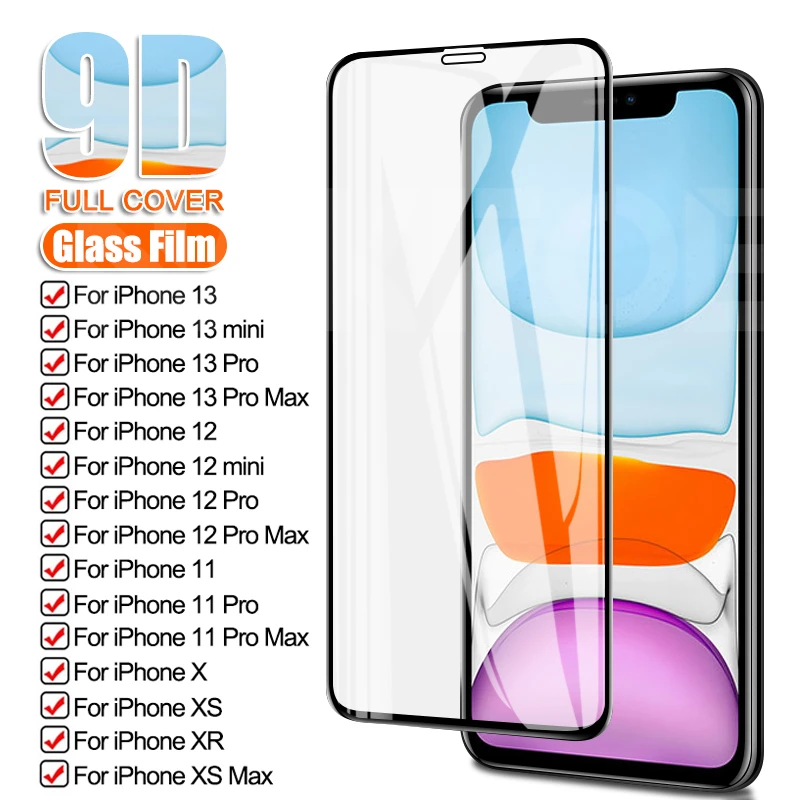 9D Full Cover Protective Glass For iPhone X XR XS 11 12 13 Pro Max Screen Protector For iPhone 12 13 Mini 11 Pro Tempered Glass mobile phone screen protector