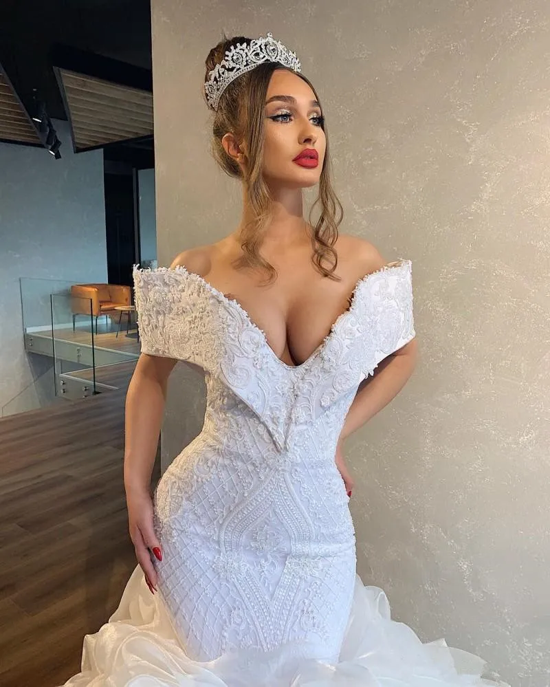 Русалка Свадебные платья vestidos de novia размера плюс кружева с открытыми плечами арабский, Ближний Восток каскадные Свадебные платья с оборками