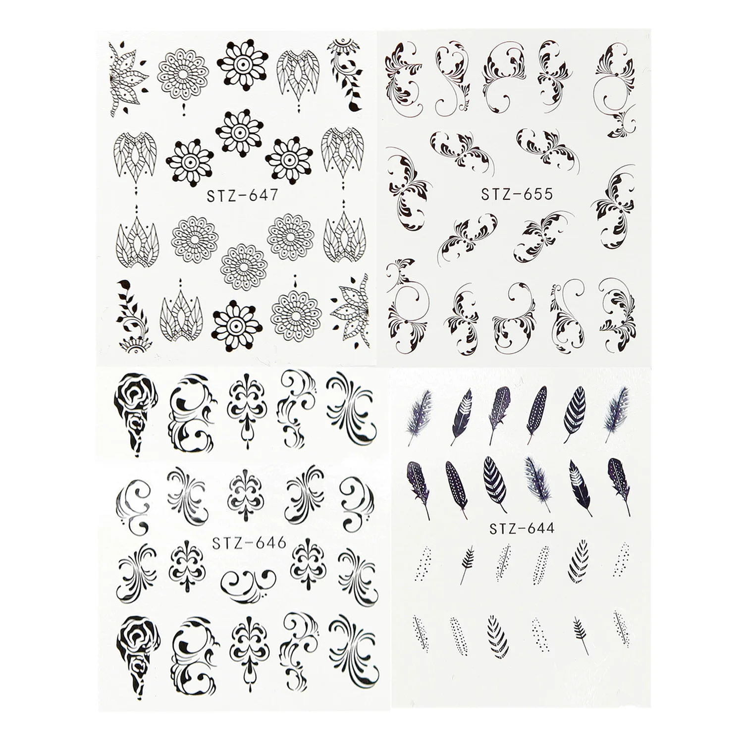 6 листов, черный, белый цветок, водная наклейка, наклейки для нейл-арта, Типсы, наклейки на ногти для рисования ногтей, обертывание, бумажный наконечник, тату, маникюр