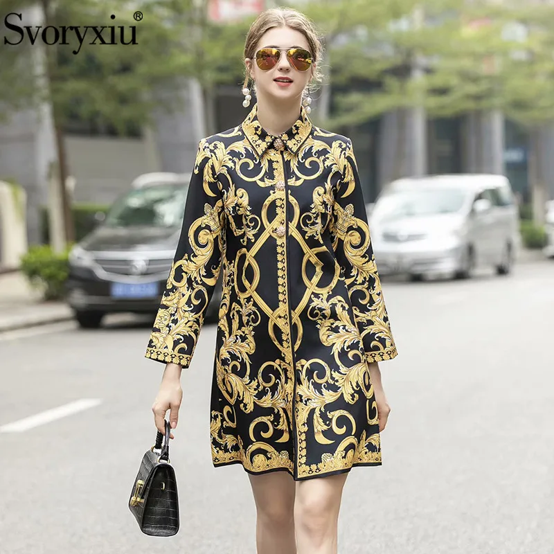 

Svoryxiu Designer Autumn Winter Vintage Gold Print Overcoat Outwear Women's Long Sleeve Loose Fashion Long Trench Coat