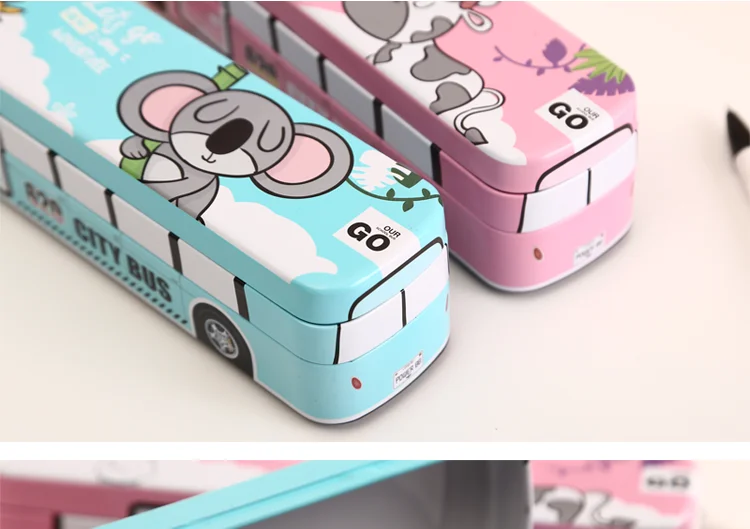 Creative bus stationery box multi-function pencil box iron box children's school supplies men and women students double-layer p