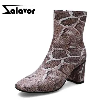 

ZALAVOR Brand New High Heels Ankle Boots Women Casual Zipper Fall Winter Fashion Snake Print Warm Fur Shoes Women Size 34-44