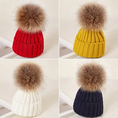Hot Sale Winter Baby Women Kid Hat Real Fox Fur Hats Mom Baby Hat with Pompon Family Matching Beanie Hairball Kids Cap Outfits
