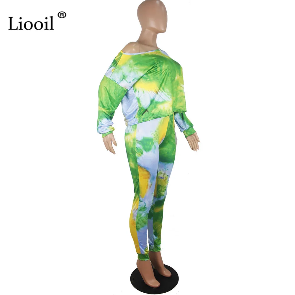 Liooil Tie Dye спортивный костюм женский комплект из двух предметов осень скидка пикантное платье на одно плечо футболка Топ и длинные брюки-карандаши набор для бегунов